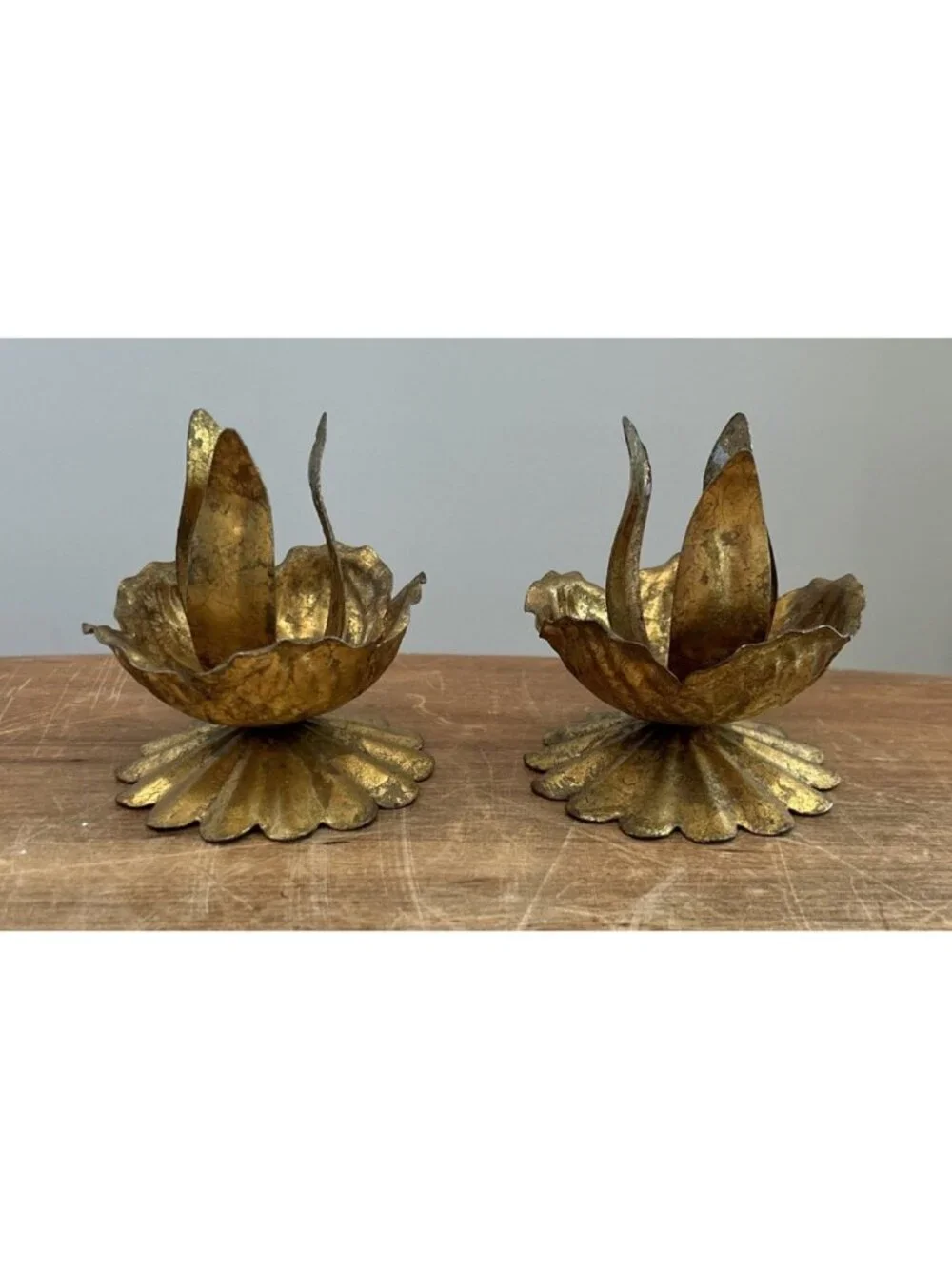 2- Italian Florentine Gilt Metal Tole Lotus Blossom Candleholder Made in Italy